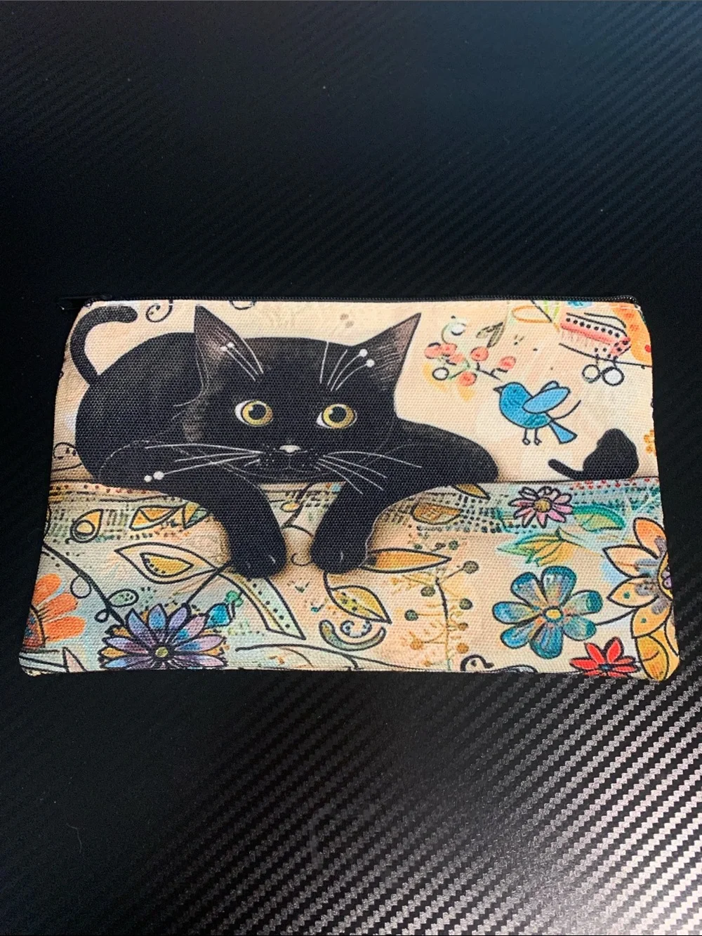 Black Cat Floral Canvas Zipper Pouch